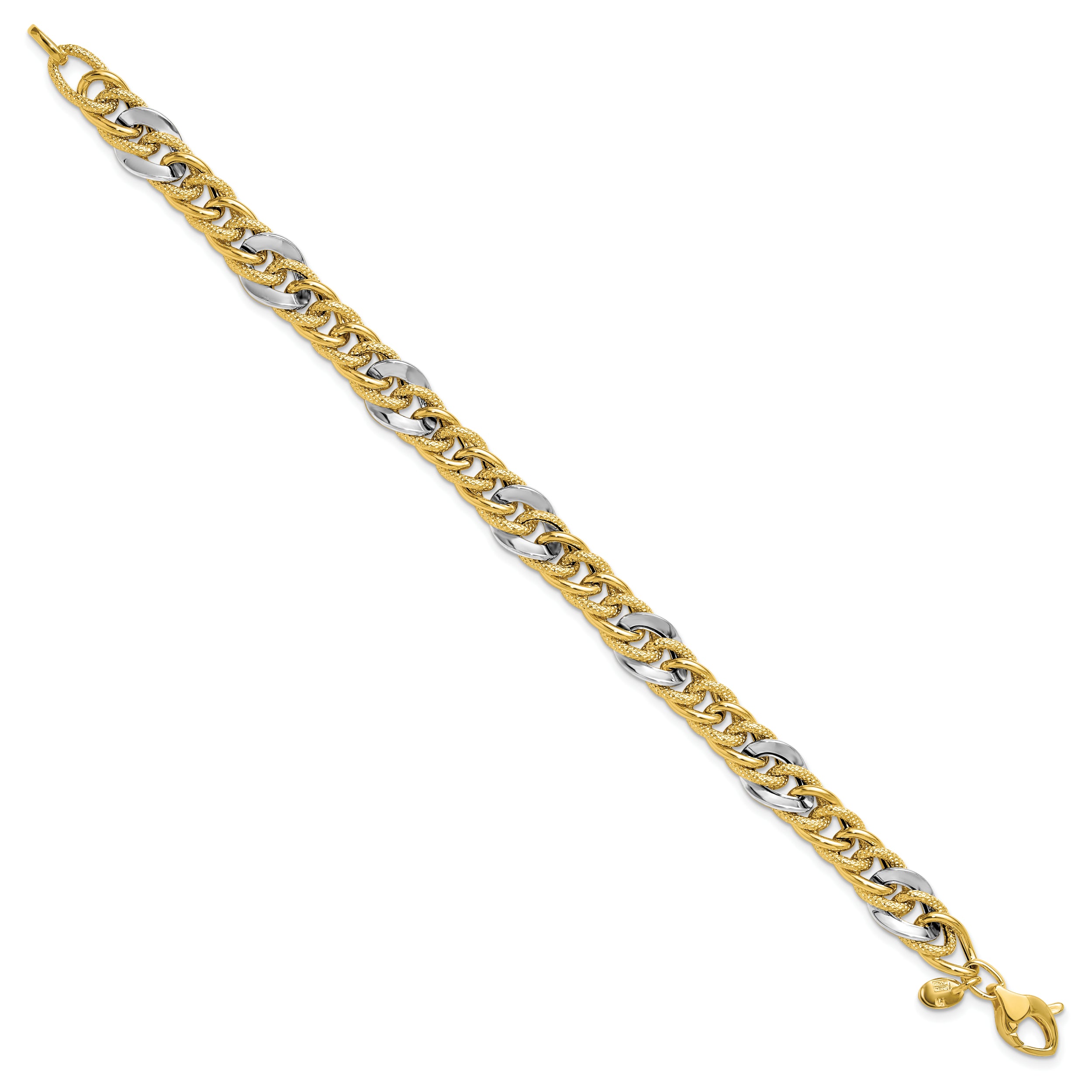 14K Two Tone Polished And Textured Fancy Link Bracelet