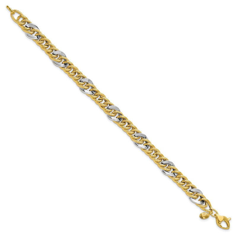 14K Two Tone Polished And Textured Fancy Link Bracelet