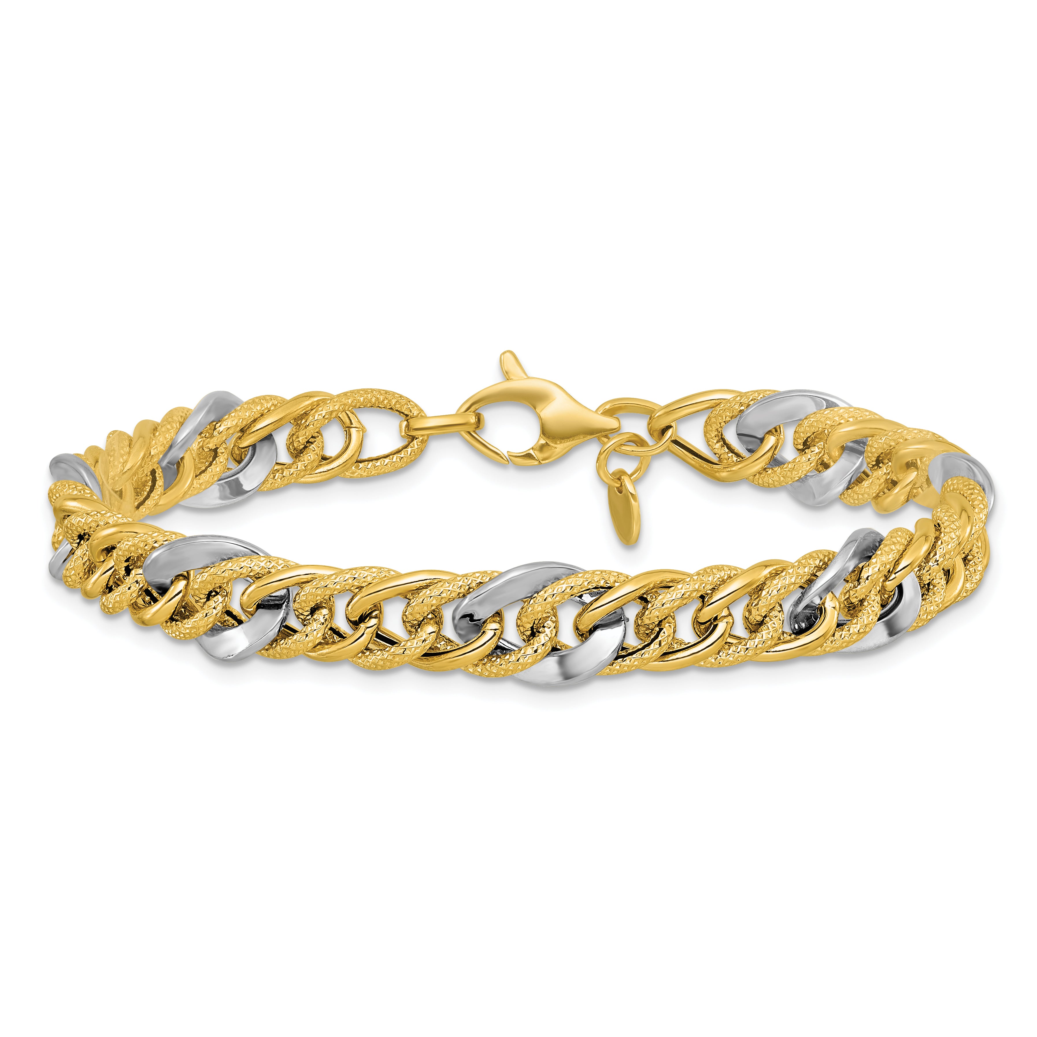 14K Two Tone Polished And Textured Fancy Link Bracelet