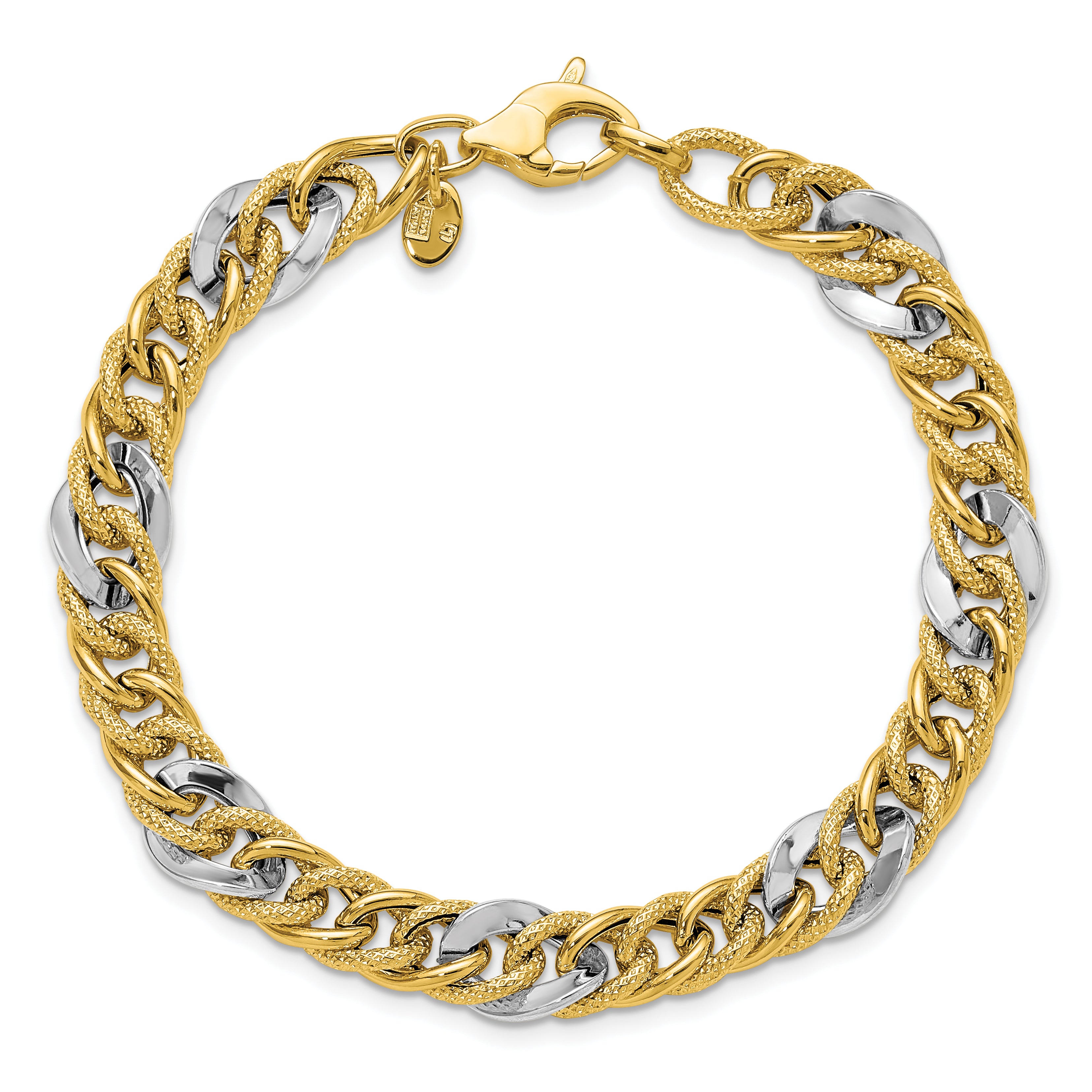 14K Two Tone Polished And Textured Fancy Link Bracelet