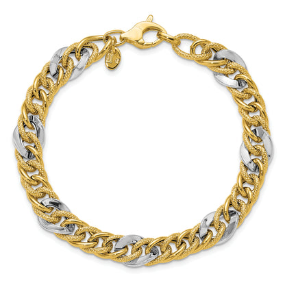 14K Two Tone Polished And Textured Fancy Link Bracelet