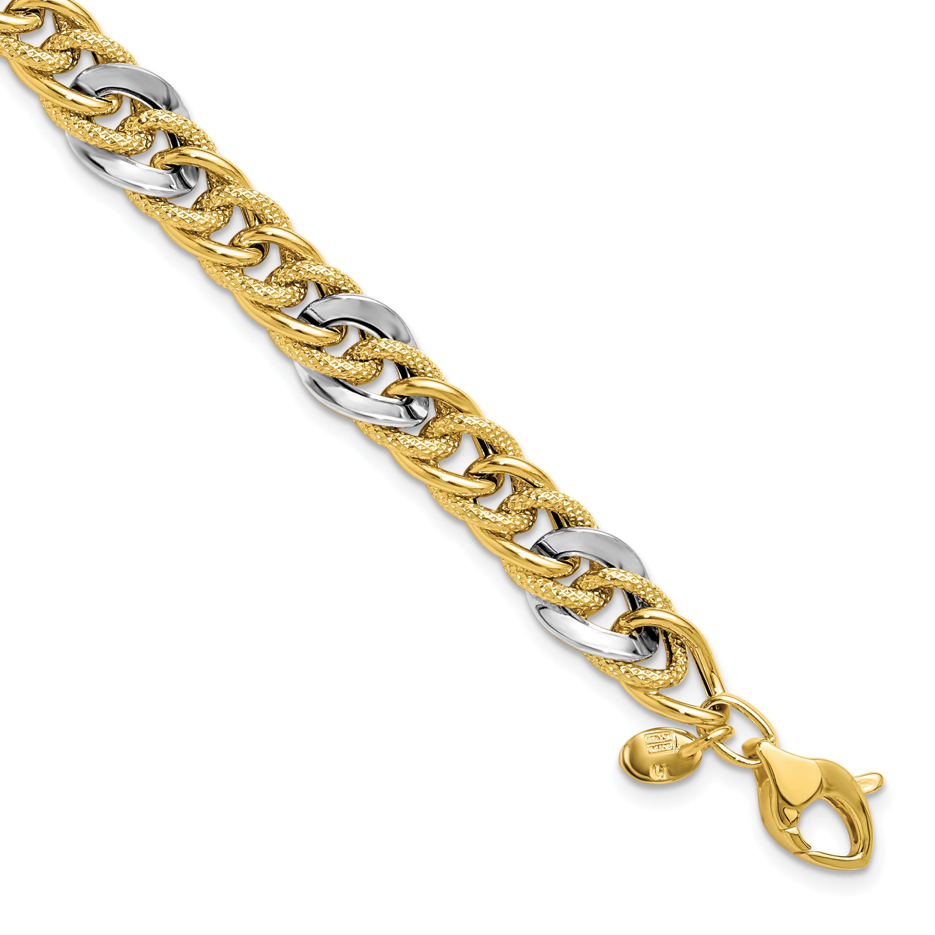 14K Two Tone Polished And Textured Fancy Link Bracelet