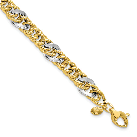 14K Two Tone Polished And Textured Fancy Link Bracelet