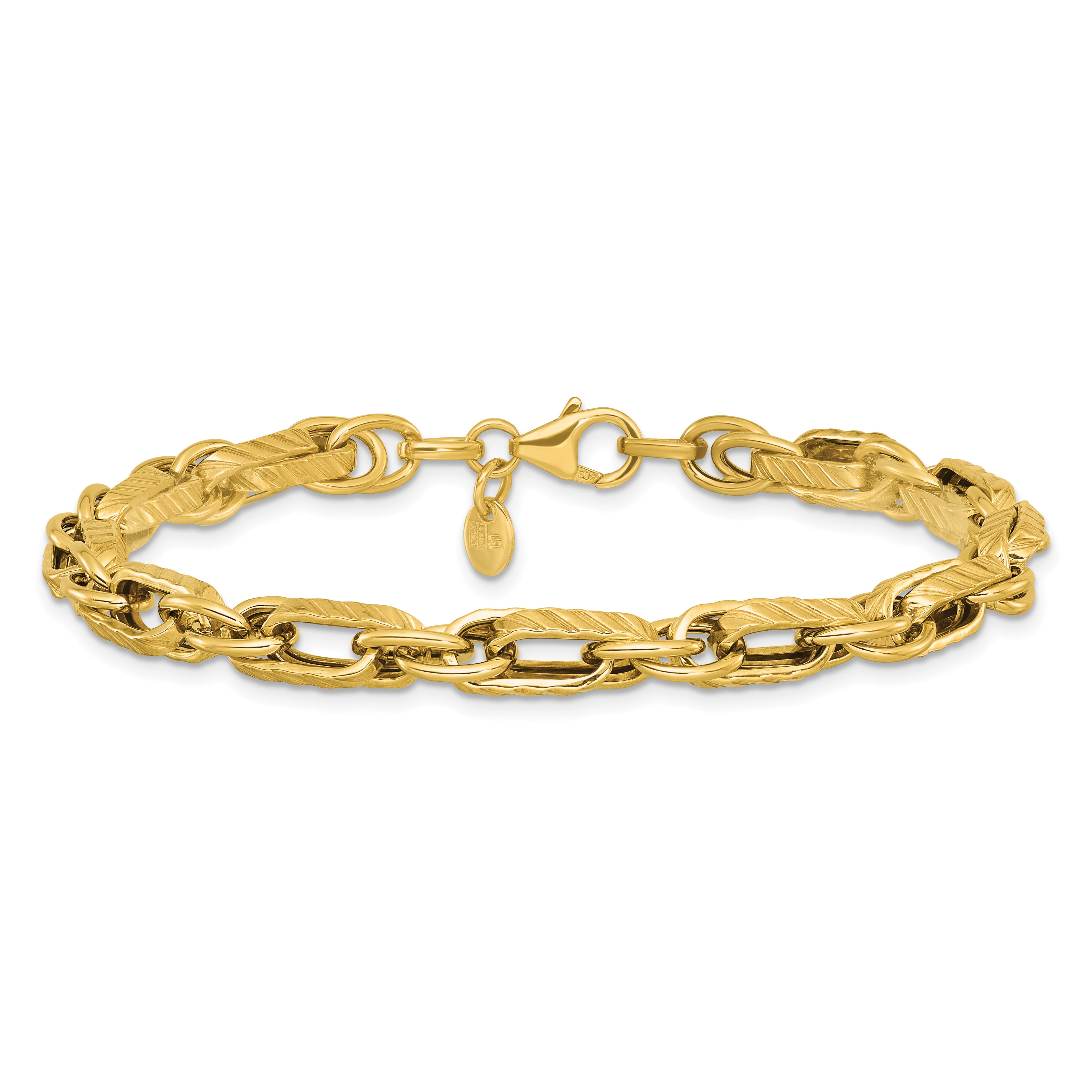 14K Yellow Gold Polished And Grooved Fancy Link Bracelet