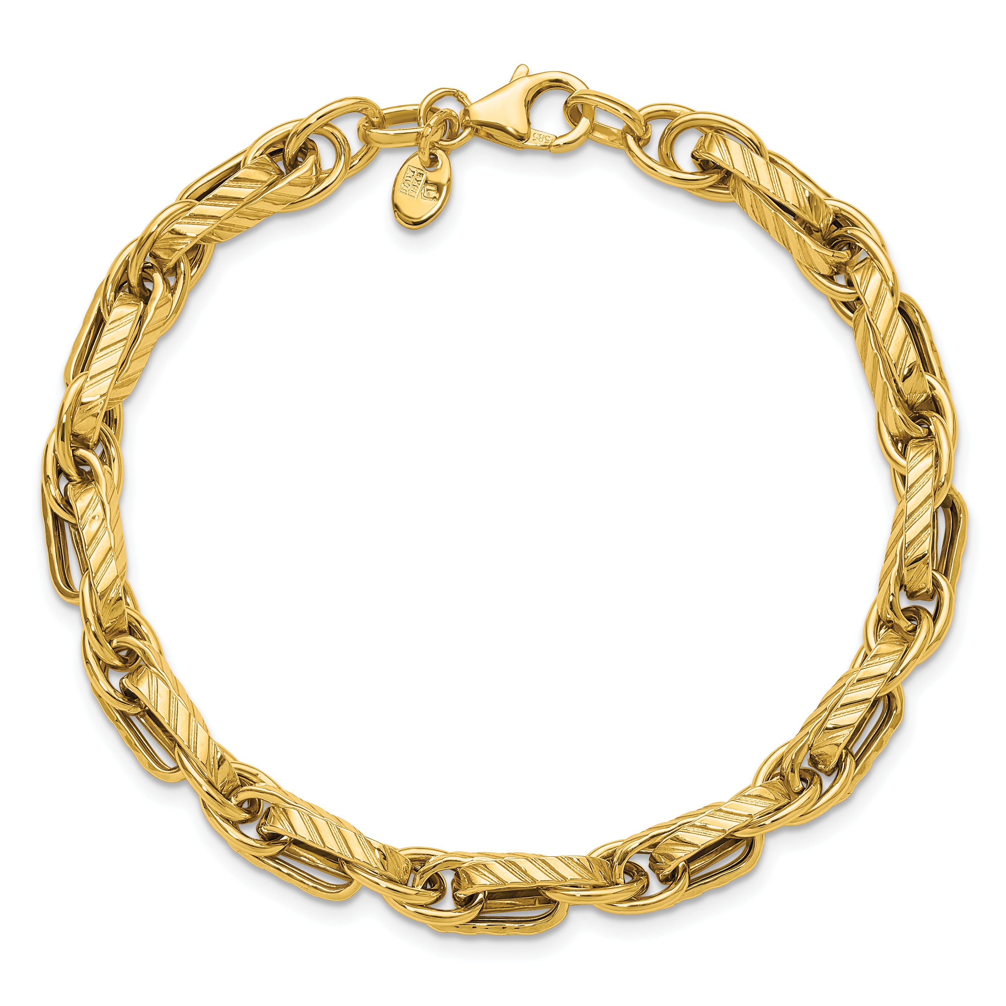 14K Yellow Gold Polished And Grooved Fancy Link Bracelet