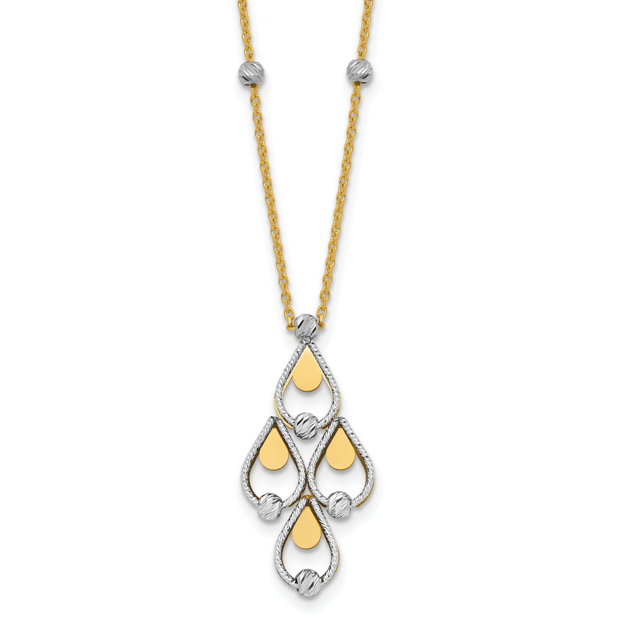 14K Two Tone Tt Polished / Dia Cut Chandelier W/.5In Ext. Necklace