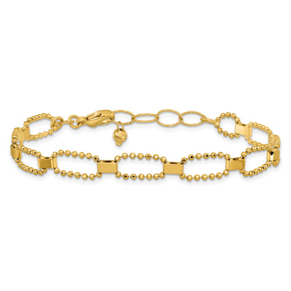 14K Yellow Gold Polished / Dia Cut Fancy Beaded Link W/ 1In Ext. Bracelet