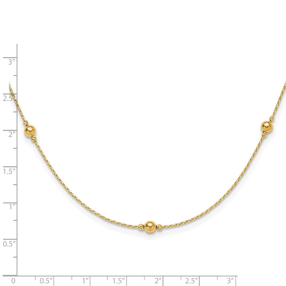 14K Yellow Gold Polished/Textured/Dia Cut Beads W/ 2In Ext. Necklace