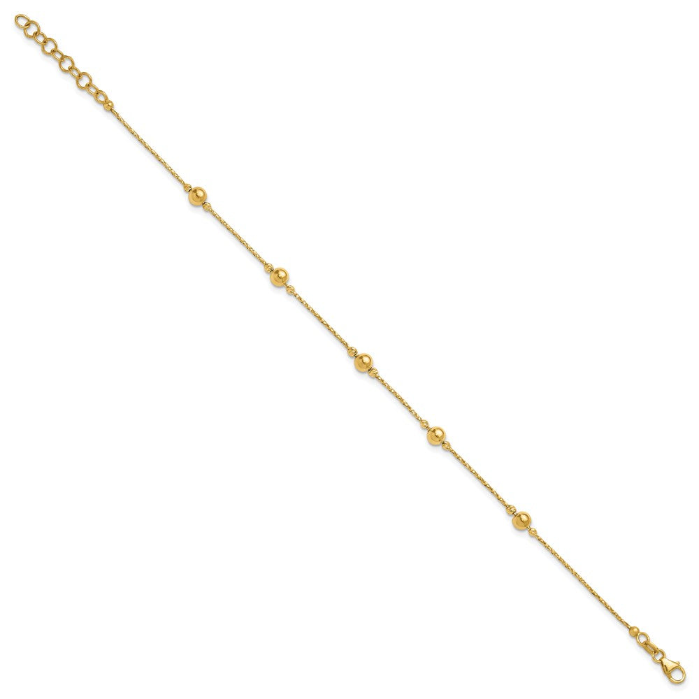 14K Yellow Gold Polished/Textured/Dia Cut Beads 1In Ext. Bracelet