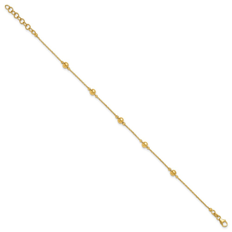 14K Yellow Gold Polished/Textured/Dia Cut Beads 1In Ext. Bracelet