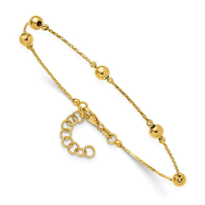 14K Yellow Gold Polished/Textured/Dia Cut Beads 1In Ext. Bracelet
