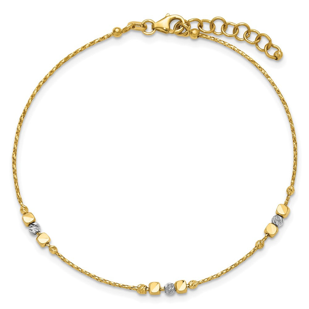 14K Two Tone Pol/Texture/Dia Cut Beads 1In Ext. Bracelet