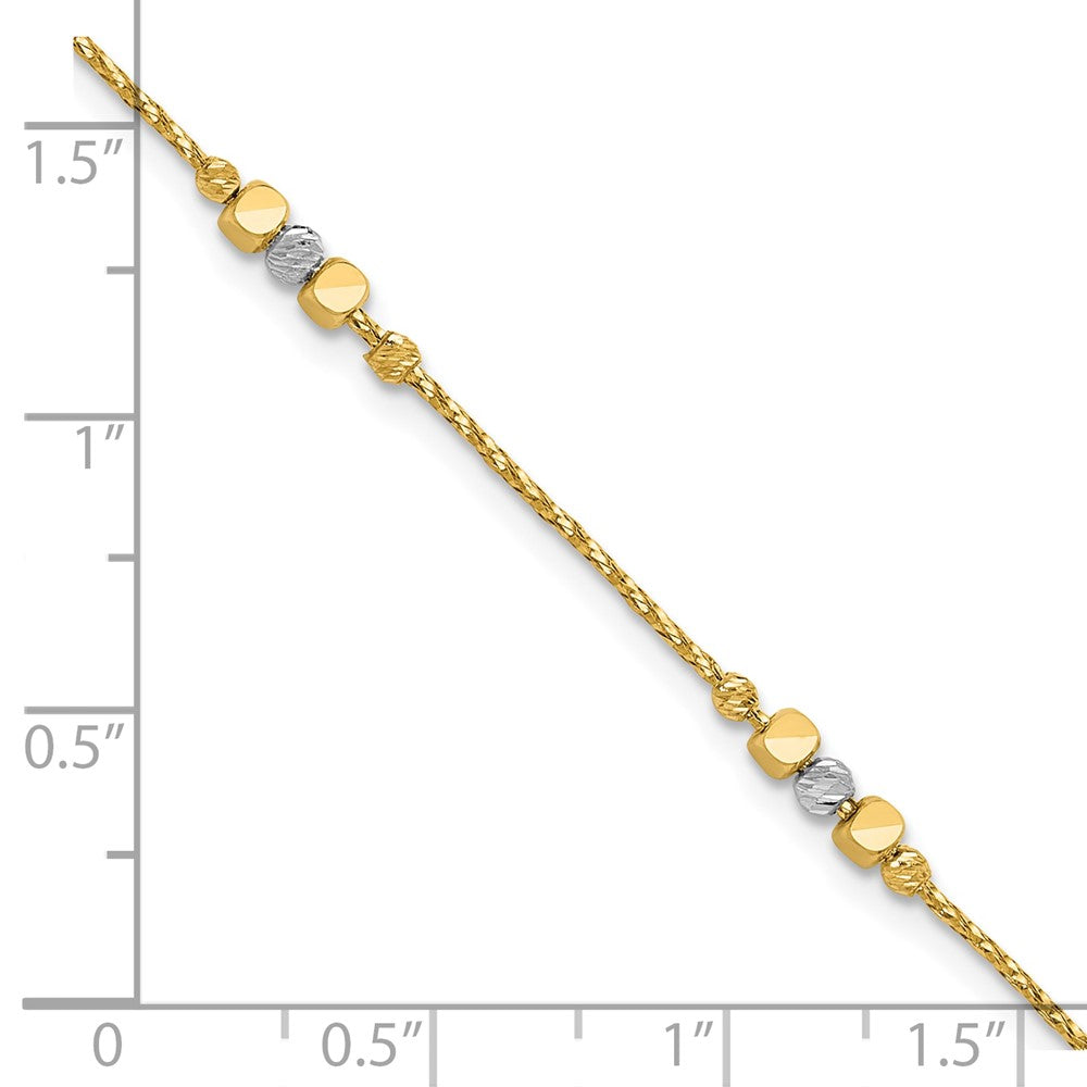 14K Two Tone Pol/Texture/Dia Cut Beads 1In Ext. Bracelet