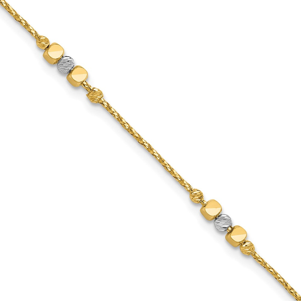 14K Two Tone Pol/Texture/Dia Cut Beads 1In Ext. Bracelet