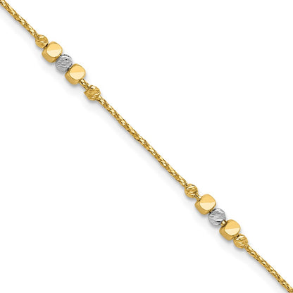 14K Two Tone Pol/Texture/Dia Cut Beads 1In Ext. Bracelet