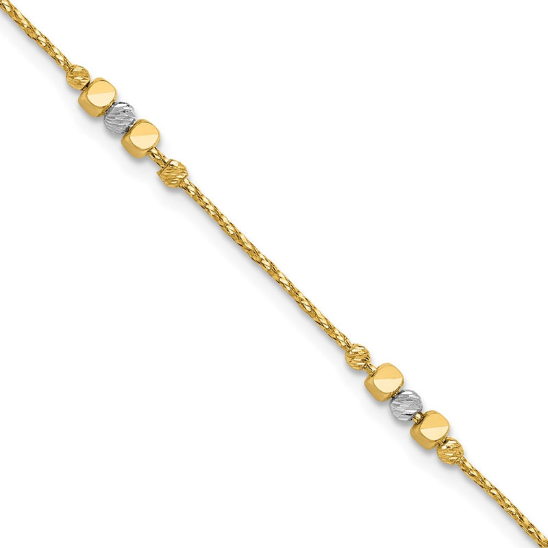 14K Two Tone Pol/Texture/Dia Cut Beads 1In Ext. Bracelet