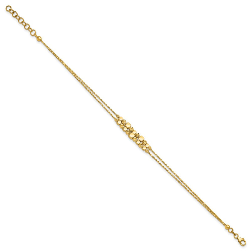 14K Yellow Gold Pol/Texture/Dia Cut Beads 2 Strand W/ 1In Ext. Bracelet