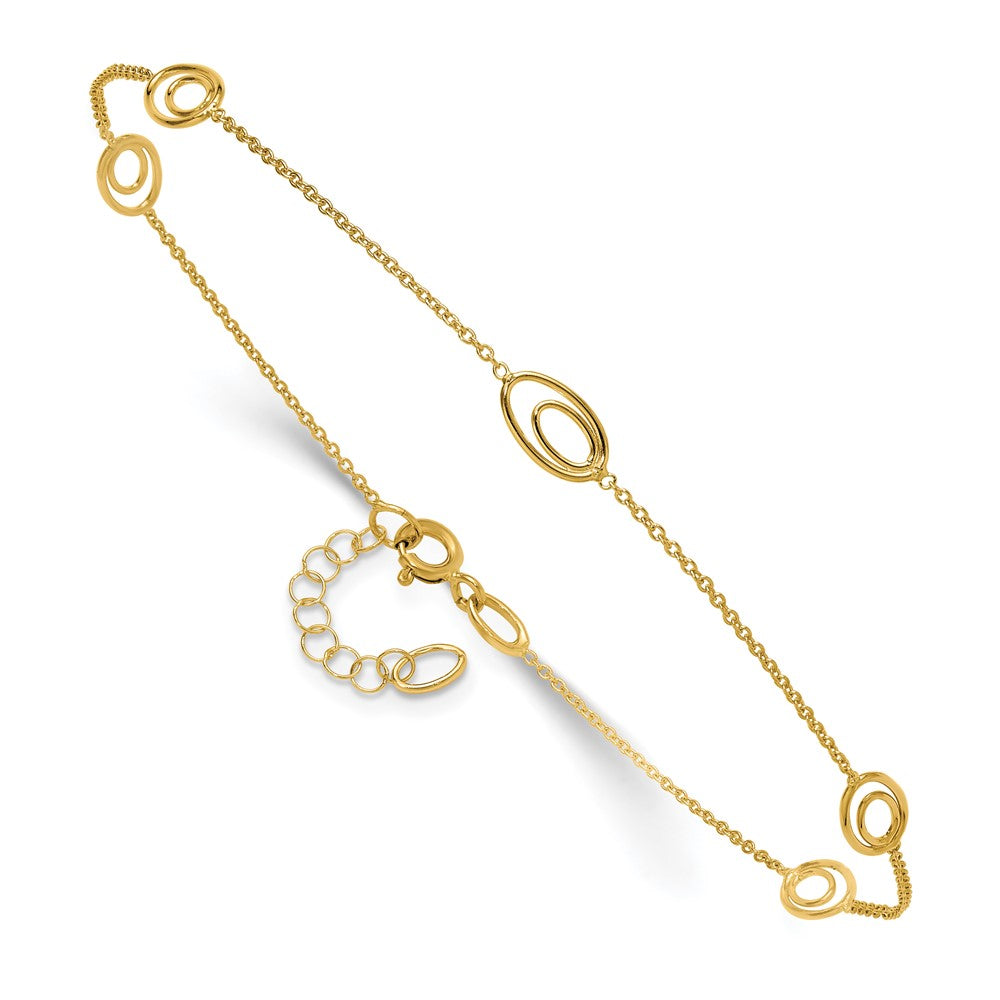 14K Yellow Gold Polished Fancy Oval Link 9in Plus 1in Ext. Anklet