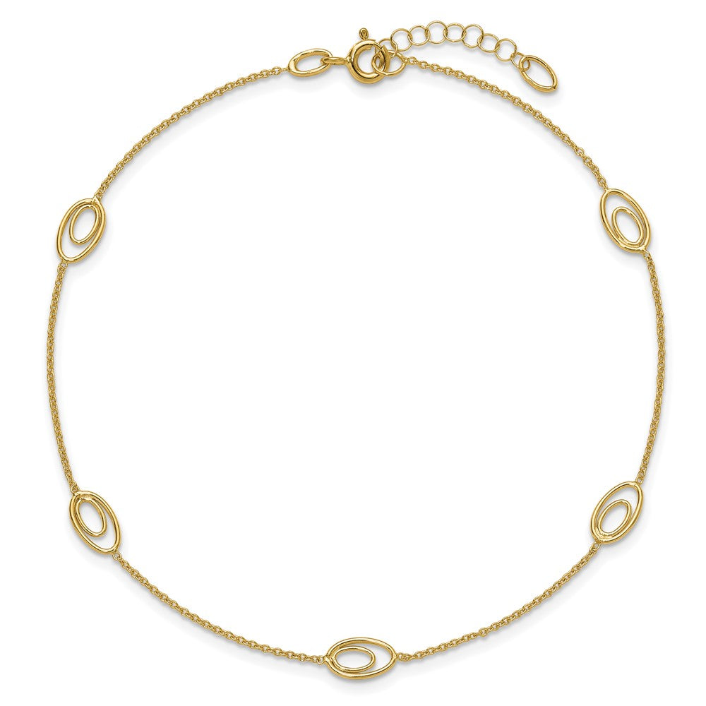 14K Yellow Gold Polished Fancy Oval Link 9in Plus 1in Ext. Anklet