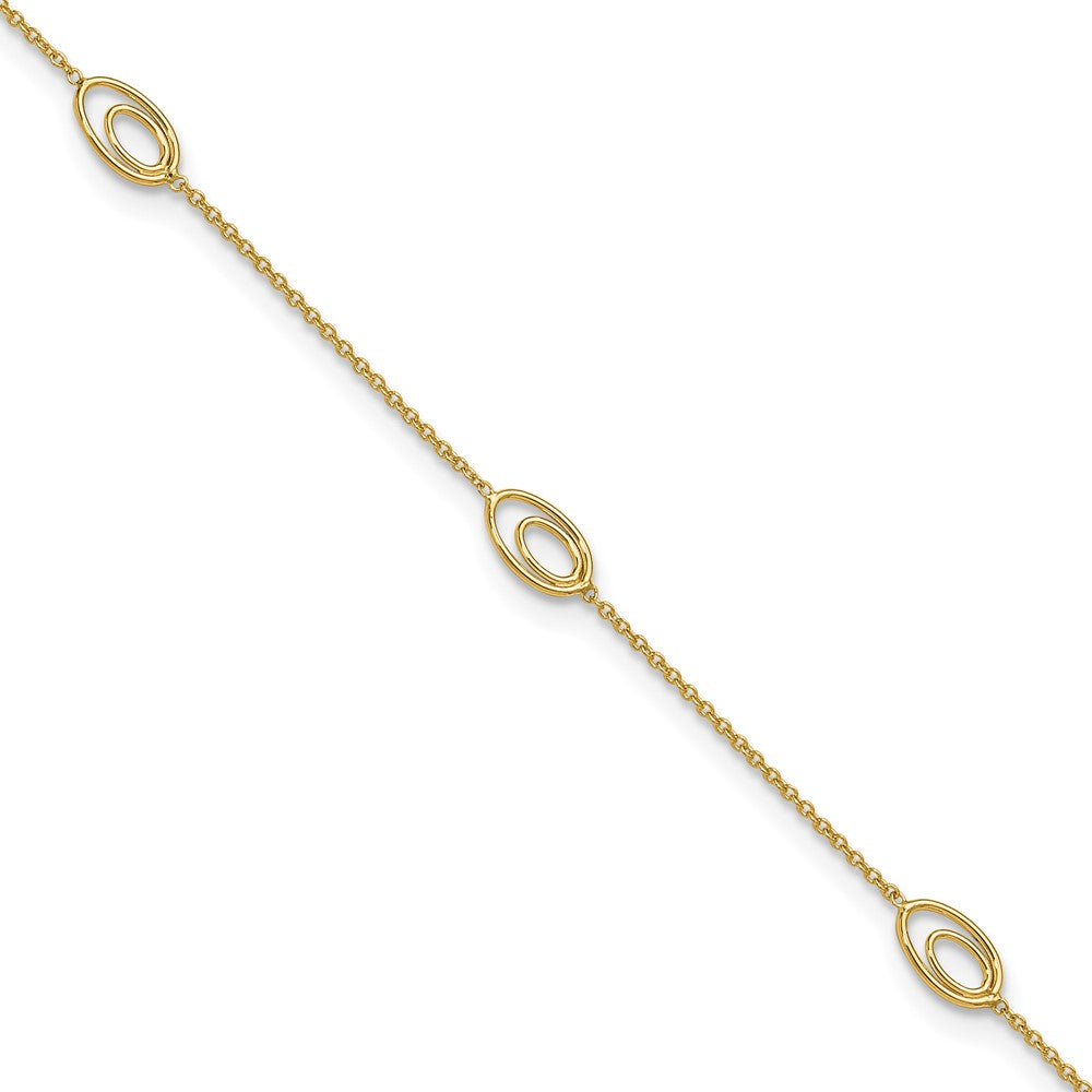 14K Yellow Gold Polished Fancy Oval Link 9in Plus 1in Ext. Anklet