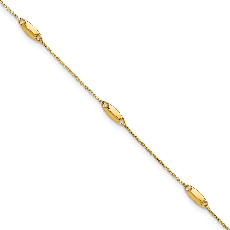 14K Yellow Gold Polished Bead Station 9in Plus 1in Ext. Anklet