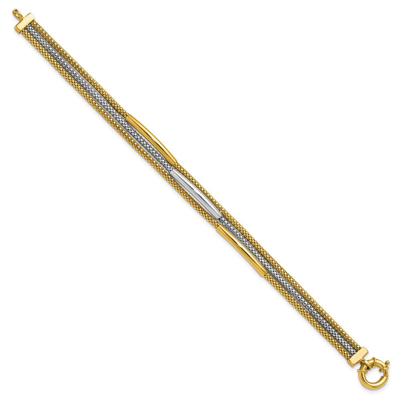 14K Yellow Gold Rhodium Polished Bars Mesh Multi Strand Chain Bracelet