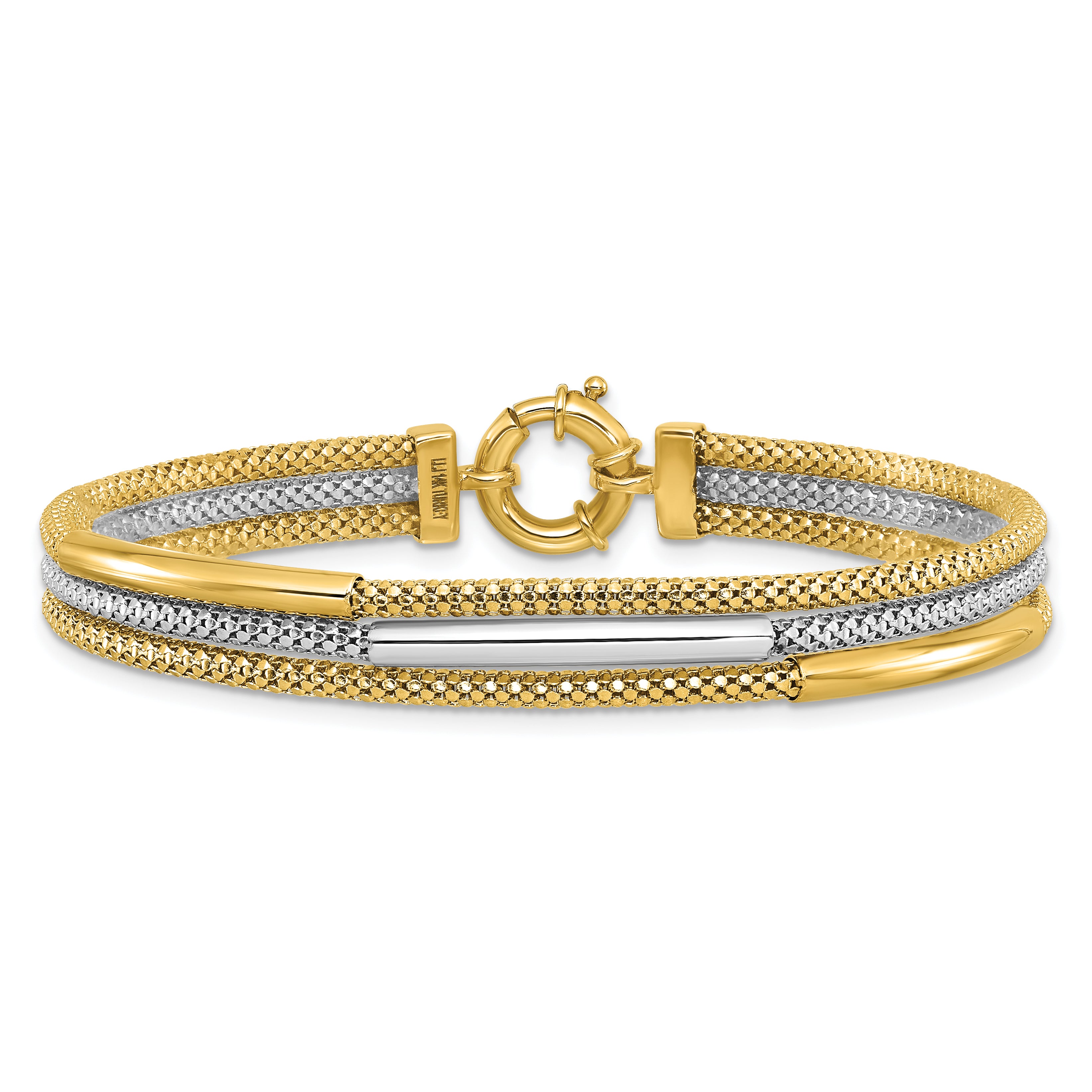 14K Yellow Gold Rhodium Polished Bars Mesh Multi Strand Bracelet