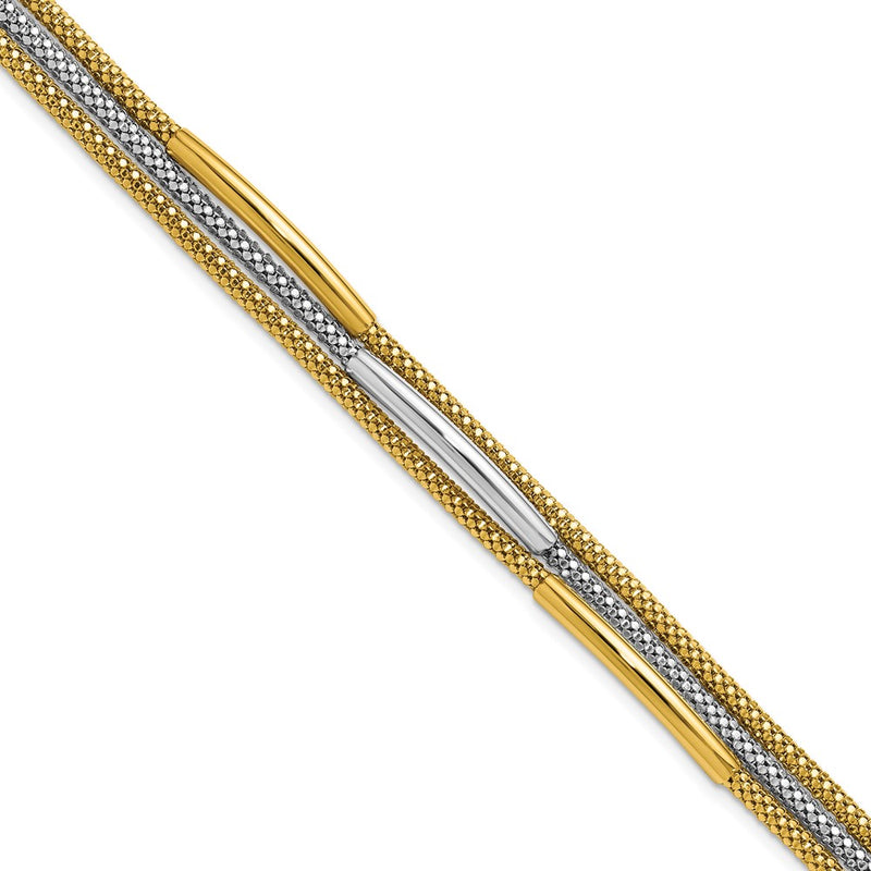 14K Yellow Gold Rhodium Polished Bars Mesh Multi Strand Chain Bracelet