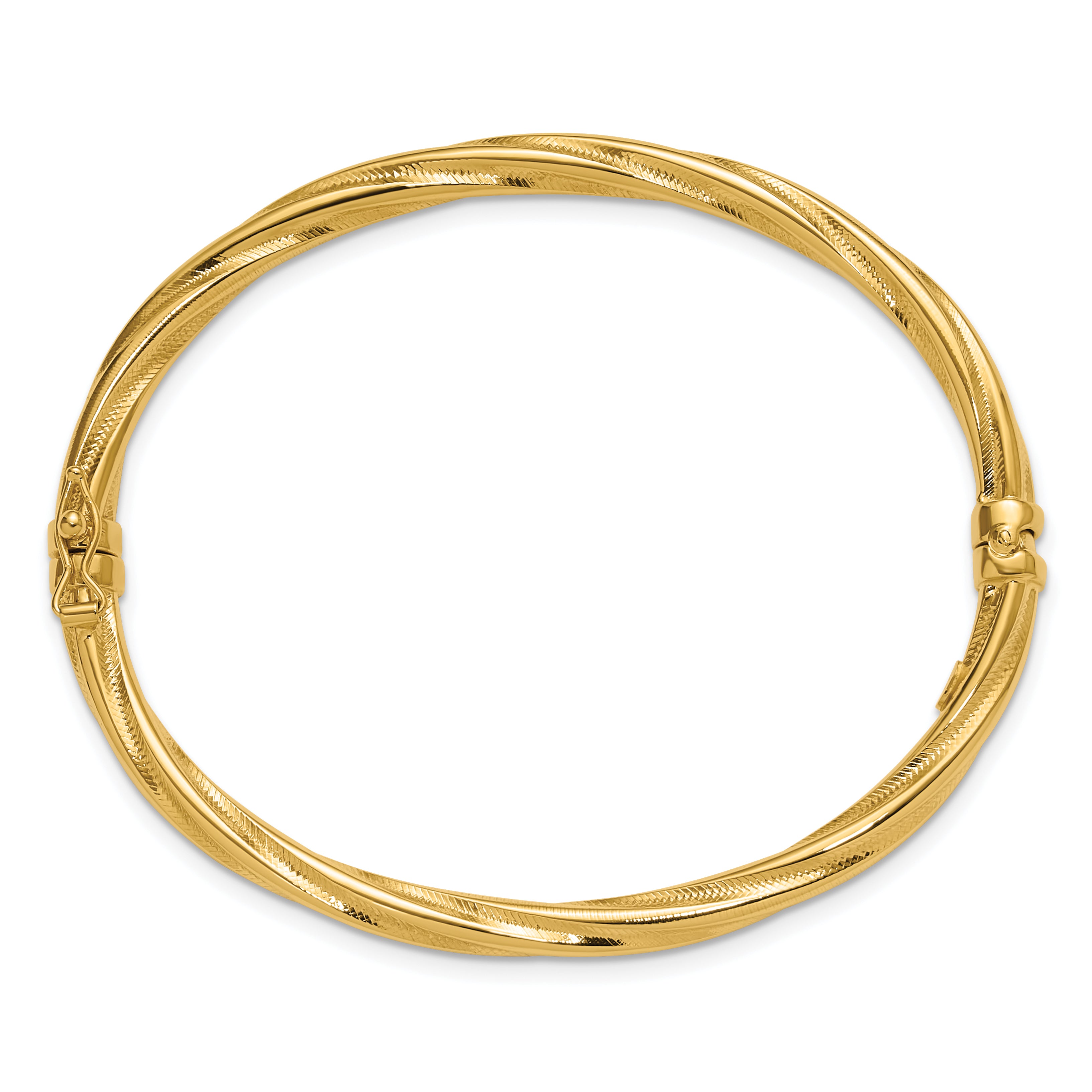 14K Yellow Gold Polished And Textured Twist Hinged Bangle