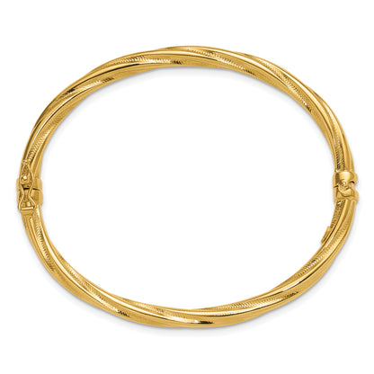 14K Yellow Gold Polished And Textured Twist Hinged Bangle