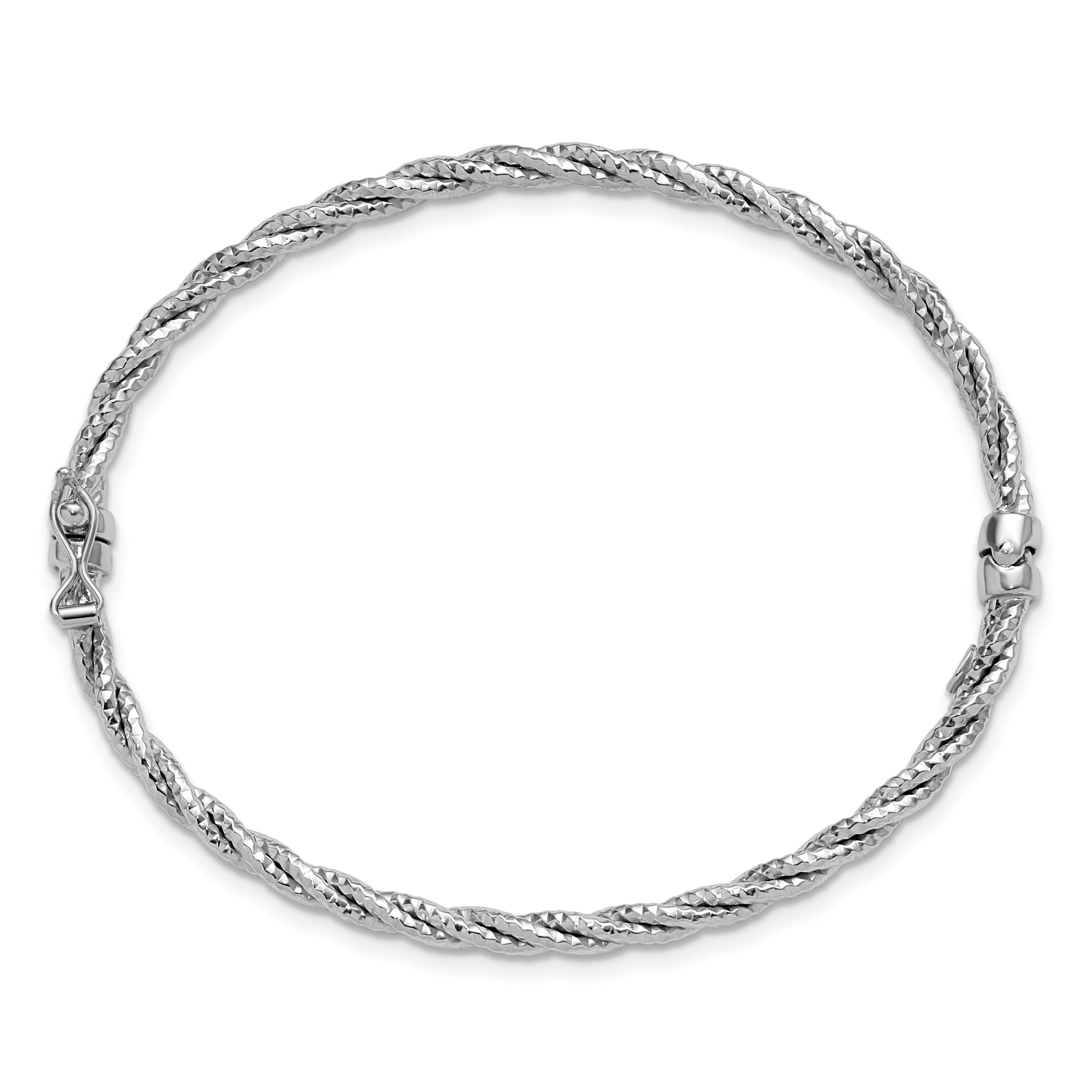 14K White Gold W/ Rhodium Polish/Diamond Cut Twisted Hinged Bangle