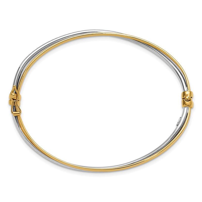 14K Two Tone Rhodium Polished/Diamond Cut Twist Hinged Bangle