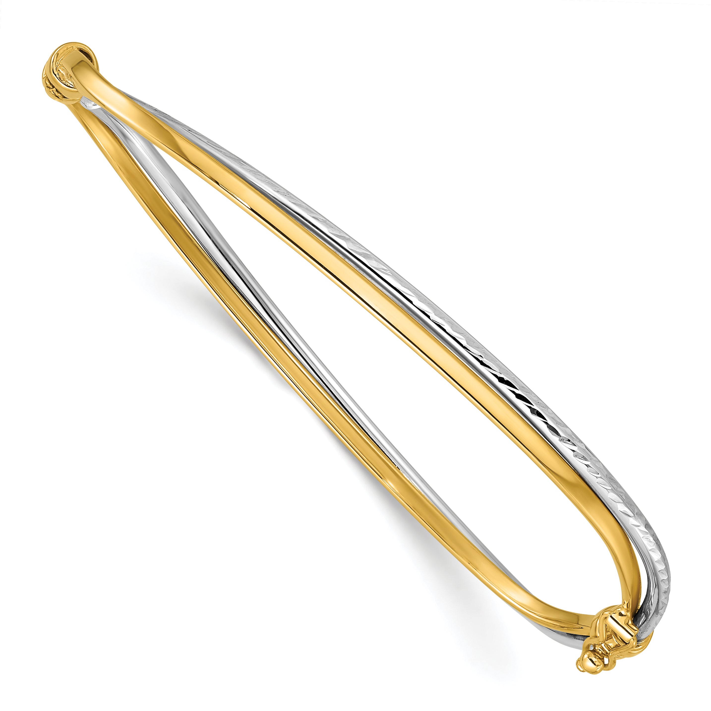 14K Two Tone Rhodium Polished/Diamond Cut Twist Hinged Bangle