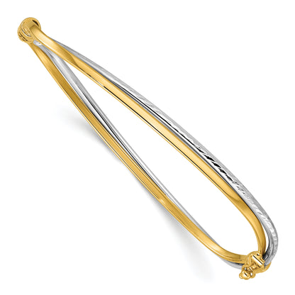 14K Two Tone Rhodium Polished/Diamond Cut Twist Hinged Bangle