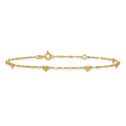 14K Yellow Gold Polished Heart Station 9in Plus 1in Ext. Anklet