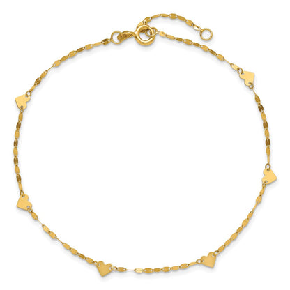 14K Yellow Gold Polished Heart Station 9in Plus 1in Ext. Anklet