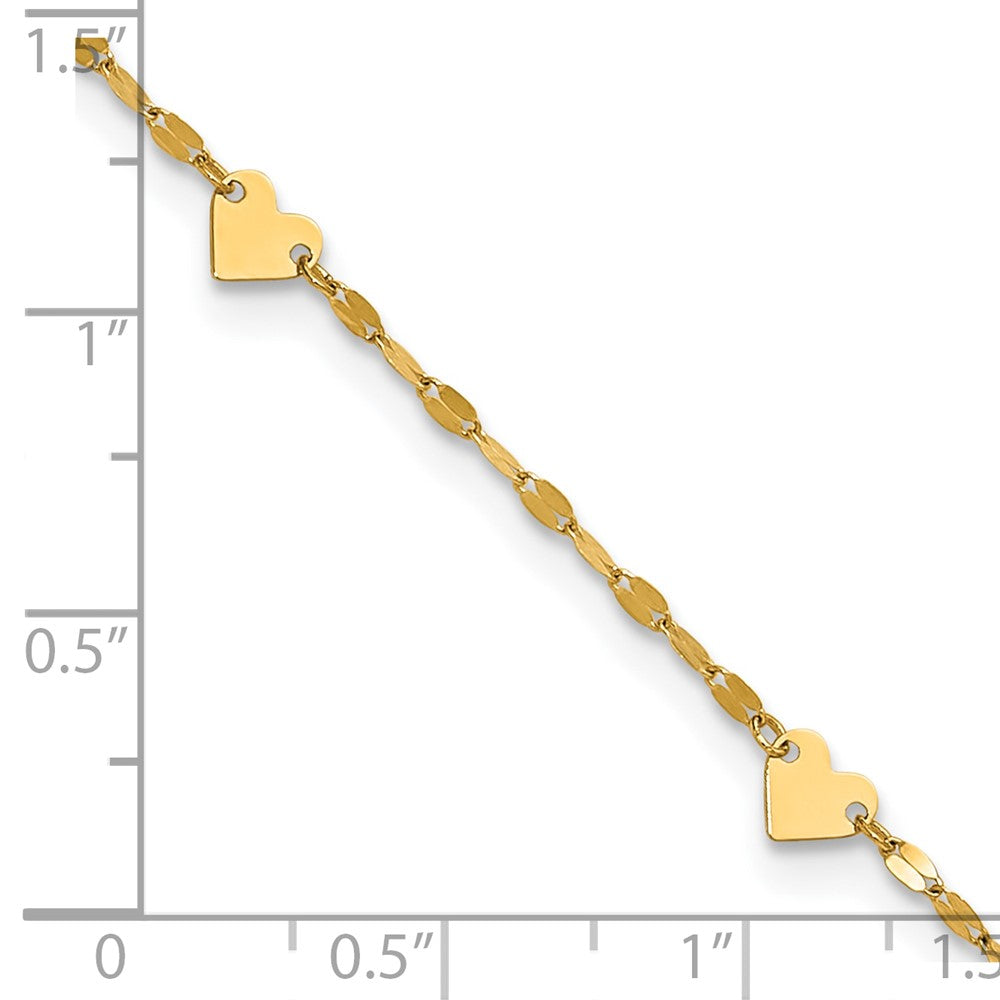 14K Yellow Gold Polished Heart Station 9in Plus 1in Ext. Anklet