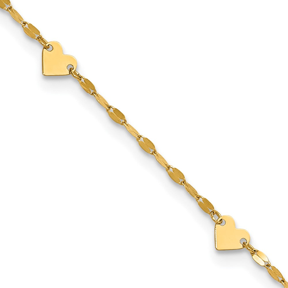 14K Yellow Gold Polished Heart Station 9in Plus 1in Ext. Anklet