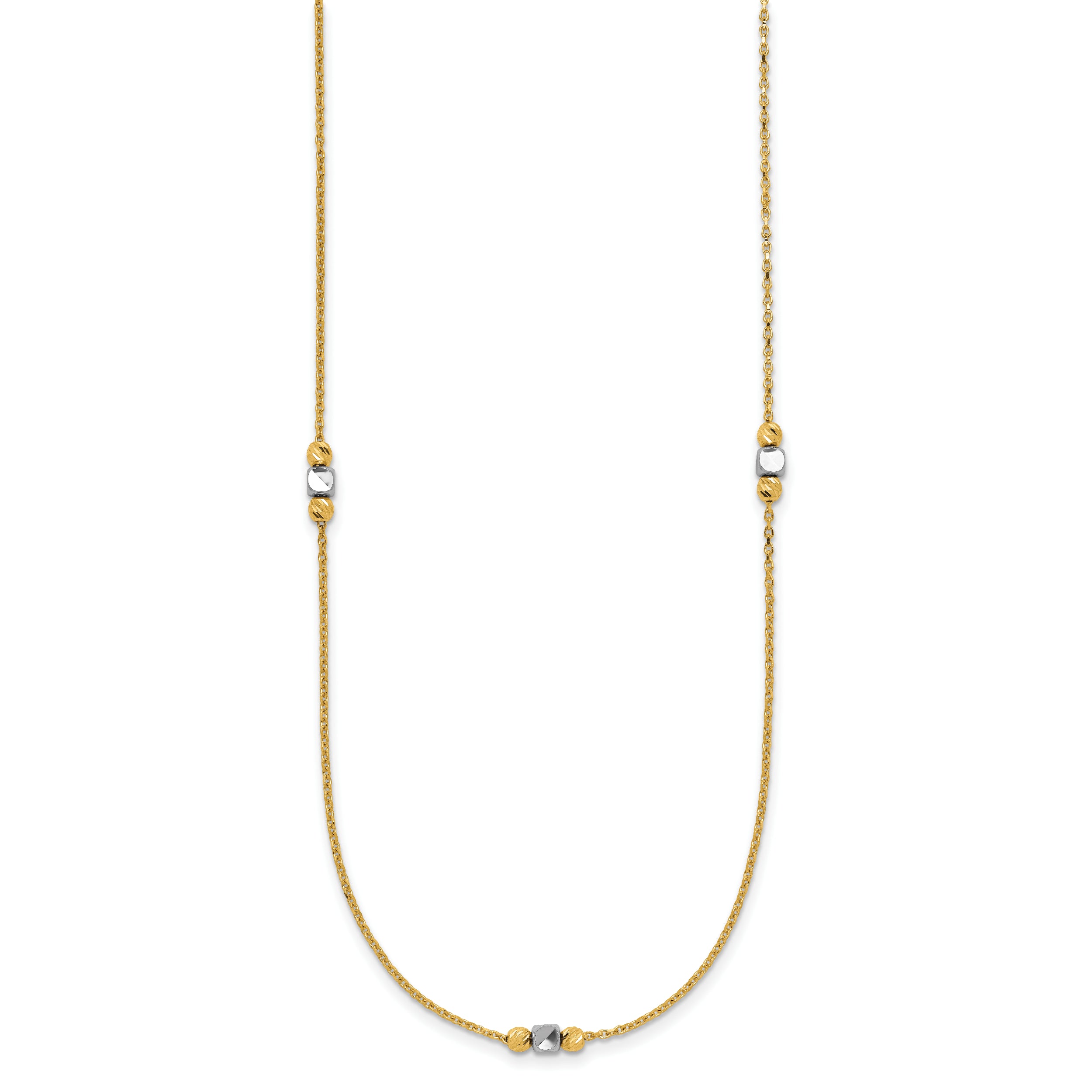 14K Two Tone Polished / Dia Cut Beads 2In Ext. Necklace