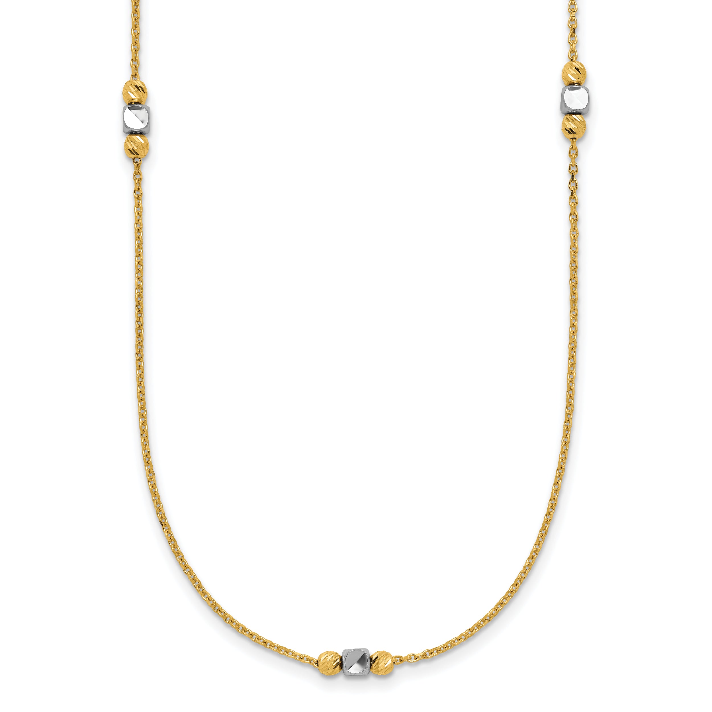 14K Two Tone Polished / Dia Cut Beads 2In Ext. Necklace