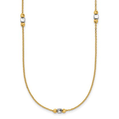 14K Two Tone Polished / Dia Cut Beads 2In Ext. Necklace