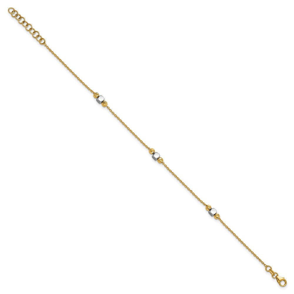 14K Two Tone Polished / Dia Cut Beads 1In Ext. Bracelet