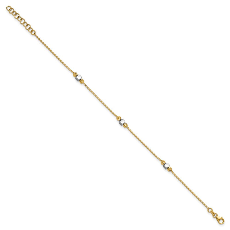 14K Two Tone Polished / Dia Cut Beads 1In Ext. Bracelet