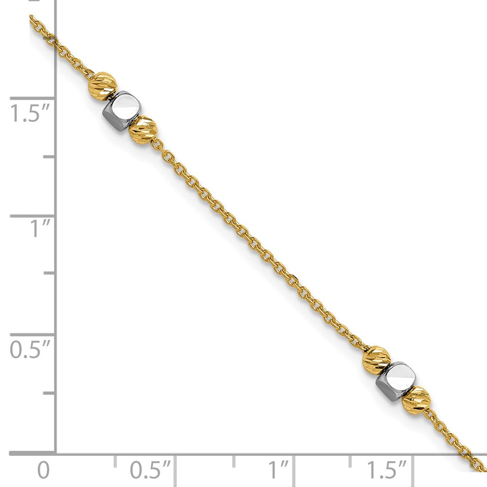 14K Two Tone Polished / Dia Cut Beads 1In Ext. Bracelet