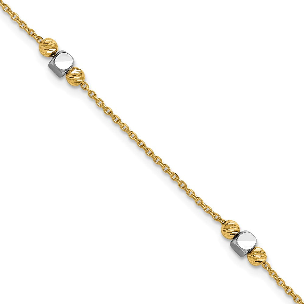 14K Two Tone Polished / Dia Cut Beads 1In Ext. Bracelet