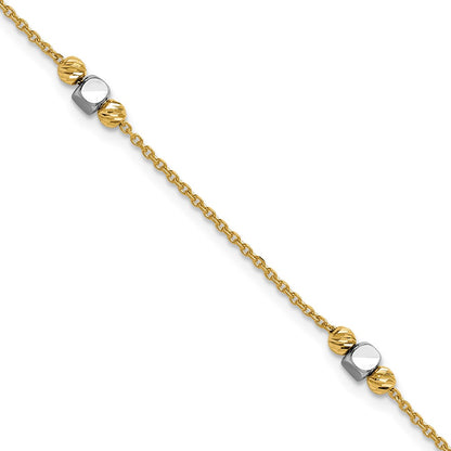 14K Two Tone Polished / Dia Cut Beads 1In Ext. Bracelet