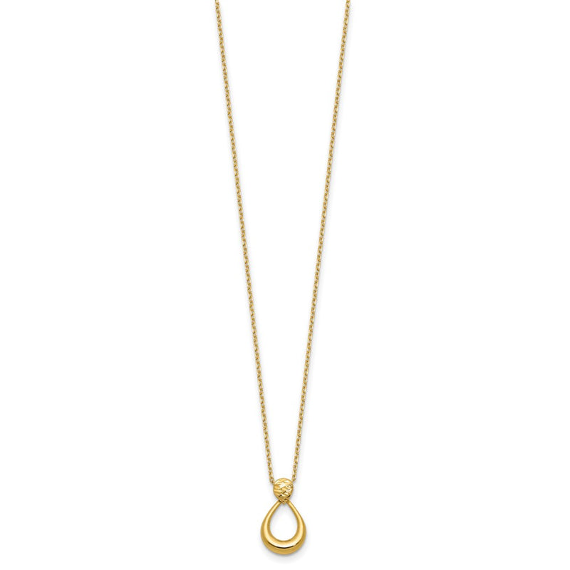 14K Yellow Gold Polished / Dia Cut Open Teardrop 2In Ext. Necklace