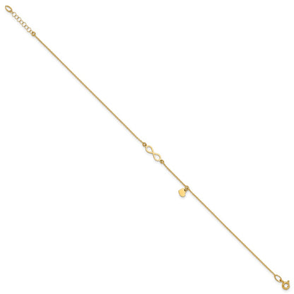 14K Yellow Gold Polished Infinity/dangle Heart 9in Plus 1in Ext. Anklet