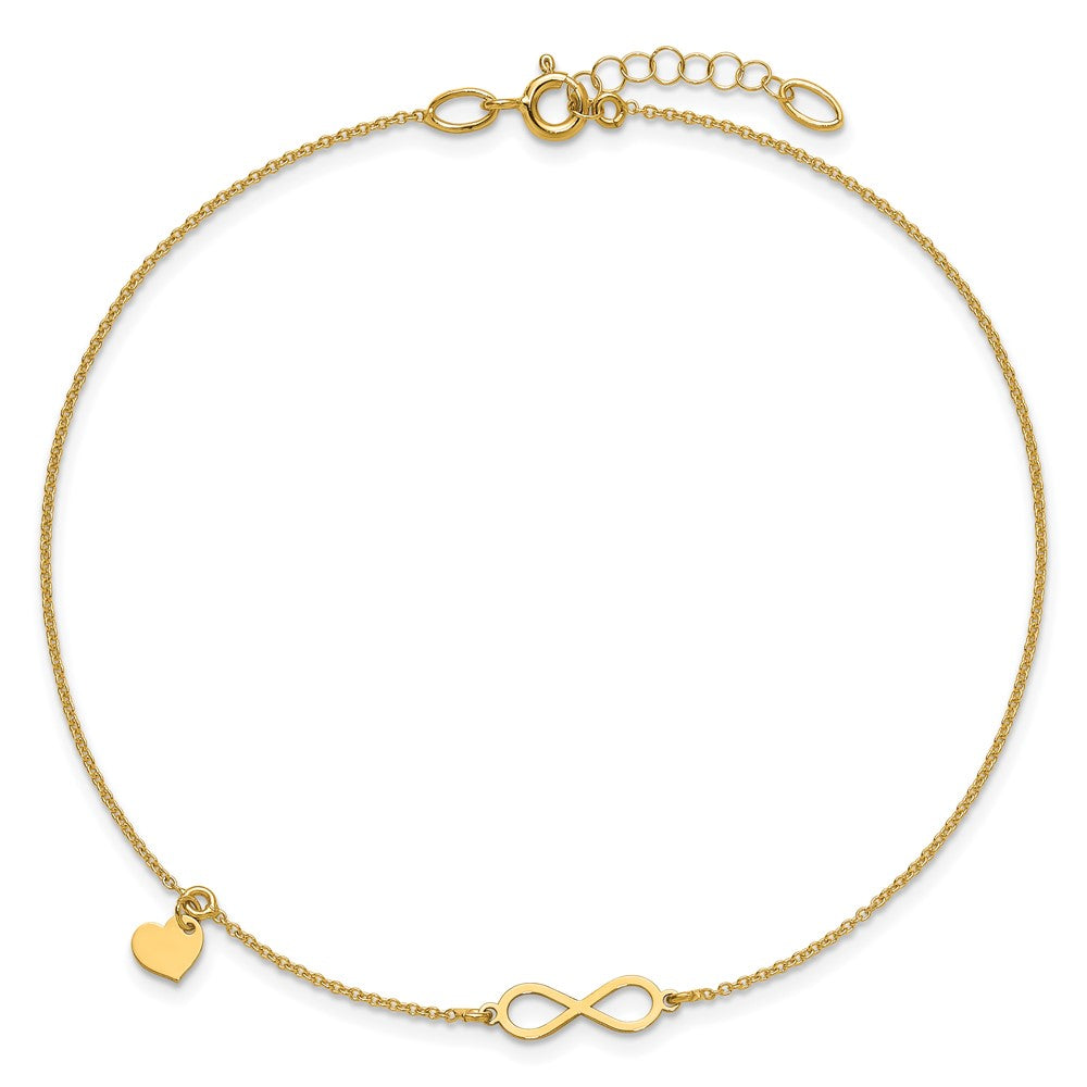 14K Yellow Gold Polished Infinity/dangle Heart 9in Plus 1in Ext. Anklet