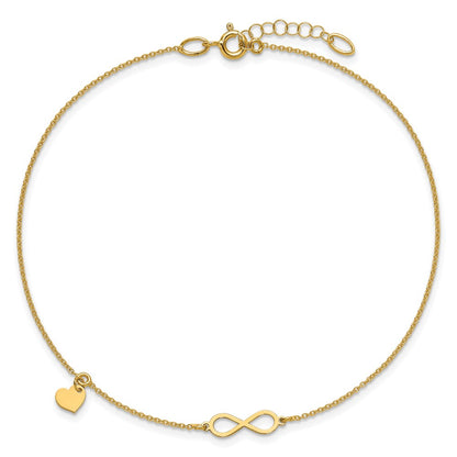 14K Yellow Gold Polished Infinity/dangle Heart 9in Plus 1in Ext. Anklet